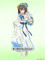 Rule 34 | 1girl, blue dress, blue sash, bridal veil, brown eyes, brown hair, character name, closed mouth, commentary request, dress, english text, floral print, full body, girls und panzer, girls und panzer senshadou daisakusen!, green background, head wreath, high heels, long dress, looking at viewer, nishizumi maho, off-shoulder dress, off shoulder, official alternate costume, official art, print dress, sash, short hair, short sleeves, skirt hold, smile, solo, standing, star (symbol), translated, veil, watermark, white footwear