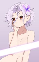 Rule 34 | 1girl, absurdres, breasts, collarbone, completely nude, consul x (xenoblade), hand on own cheek, hand on own face, highres, kamidan, leaning to the side, light censor, navel, nude, orange eyes, paid reward available, purple background, purple hair, short hair, simple background, small breasts, solo, upper body, x (xenoblade), xenoblade chronicles (series), xenoblade chronicles 3