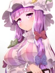 Rule 34 | 1girl, blue bow, blunt bangs, blush, bow, breasts, covered erect nipples, crescent, crescent hat ornament, crescent pin, dress, from below, hair bow, hat, hat ornament, large breasts, long hair, long sleeves, mob cap, patchouli knowledge, polpol, purple eyes, purple hair, red bow, red ribbon, ribbon, see-through, sidelocks, solo, striped clothes, striped dress, touhou, upper body, vertical-striped clothes, vertical-striped dress
