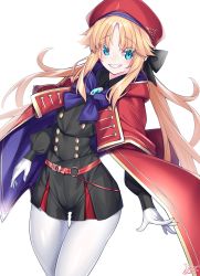 Rule 34 | 1girl, aqua eyes, artoria caster (fate), artoria caster (fate) (cosplay), artoria caster (second ascension) (fate), artoria pendragon (fate), belt, beret, black bow, black dress, blonde hair, blue cape, blush, bow, breasts, brooch, buttons, cape, cosplay, dress, fate/apocrypha, fate/grand order, fate (series), gloves, grin, hair bow, hat, highres, jewelry, long hair, long sleeves, looking at viewer, mordred (fate), mordred (fate/apocrypha), pantyhose, parted bangs, red cape, red hat, sidelocks, simple background, small breasts, smile, twintails, watosu, white background, white gloves, white pantyhose