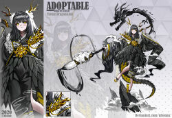 Rule 34 | 1girl, 2020, adoptable, allosauc, armor, artist name, asymmetrical clothes, black footwear, black hair, black kimono, black skirt, black sleeves, calligraphy brush, character sheet, close-up, closed mouth, cloud, cloud print, commentary, cowboy shot, creature and personification, deviantart username, dragon, dragon horns, dragon tail, english commentary, english text, eyeshadow, feather-trimmed shawl, feather hair ornament, feather skirt, feathers, frown, full body, geta, gradient background, grey background, hair ornament, highres, holding, holding calligraphy brush, holding paintbrush, horns, ink, japanese clothes, kimono, light blush, long hair, long sleeves, makeup, miniskirt, mountain, multiple views, open clothes, open skirt, original, oversized object, paintbrush, pauldrons, polka dot, polka dot background, projected inset, red eyeshadow, shawl, shoulder armor, simple background, single pauldron, skirt, tail, toes, triangle background, triangle bullet, white shawl, wide sleeves, yellow eyes