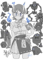 Rule 34 | 1girl, blue eyes, book, breasts, candle, closed mouth, expressionless, ghost, glasses, highres, holding, holding book, looking at viewer, medium breasts, ontama, original, school uniform, short hair, short sleeves, skeleton, skirt, spot color