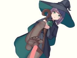 Rule 34 | 1girl, animated, animated gif, blush, feet, footjob, green eyes, hat, looking at viewer, medium hair, pantyhose, parted lips, purple hair, soles, staff, toes, witch, witch hat