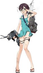 Rule 34 | 10s, 1girl, adjusting eyewear, ahoge, arm up, bare shoulders, blue-framed eyewear, blush, broken, brown hair, fujikawa, full body, glasses, green eyes, gun, hand on eyewear, kantai collection, looking at viewer, machinery, multicolored hair, official art, okinami (kancolle), open mouth, sandals, short hair, solo, swimsuit, thigh strap, torn clothes, torn swimsuit, torpedo, transparent background, turret, wavy mouth, weapon