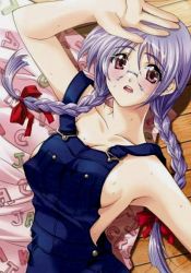 Rule 34 | 1girl, blush, braid, breasts, glasses, jpeg artifacts, large breasts, naked overalls, overalls, purple hair, red eyes, sideboob, solo, twin braids, twintails