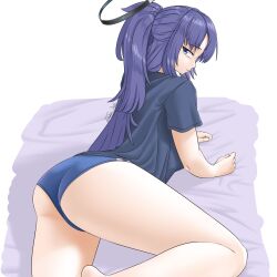 Rule 34 | 1girl, absurdres, ass, barefoot, blue archive, blue eyes, blue panties, halo, highres, looking at viewer, panties, ponytail, purple hair, shirt, simple background, t-shirt, takie arts, thighs, underwear, yuuka (blue archive)