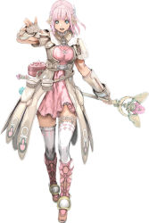 Rule 34 | 1girl, belt, blue eyes, boots, braid, dress, fingerless gloves, flower, full body, gloves, hair flower, hair ornament, knee boots, looking at viewer, miki sauvester, official art, pink dress, pink footwear, pink hair, short hair, solo, staff, standing, star ocean, star ocean integrity and faithlessness, thighhighs, thighhighs under boots, thighlet, white thighhighs, yasuda akira