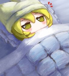 Rule 34 | 1girl, bed, blanket, blonde hair, blush, closed mouth, commentary, frilled pillow, frills, fumo (doll), hair between eyes, highres, jitome, lying, notice lines, on back, pillow, solo, touhou, under covers, white headwear, yakumo ran, yakumora n, yellow eyes