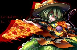 Rule 34 | 1girl, :d, black background, blouse, colored eyelashes, commentary, creepy eyes, eating, floral print, food, frilled sleeves, frills, green eyes, green hair, green skirt, hat, hat ribbon, highres, komeiji koishi, long sleeves, open mouth, parody, pizza, pizza slice, ribbon, shaded face, shirt, simple background, skirt, sliced, smile, solo, third eye, touhou, translated, urban legend in limbo, wide sleeves, yagyu-pix, yellow shirt