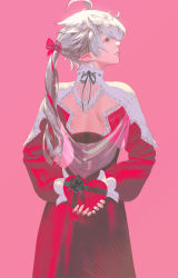 Rule 34 | 1girl, ahoge, alisaie leveilleur, backless dress, backless outfit, banned artist, black bow, bow, box, closed mouth, commentary, commentary request, dress, earrings, elezen, elf, english commentary, final fantasy, final fantasy xiv, from behind, gift, grey eyes, hair ribbon, heart-shaped box, highres, holding, holding gift, jewelry, long hair, long sleeves, mixed-language commentary, pink background, pointy ears, ponytail, red dress, red ribbon, ribbon, simple background, smile, solo, sumiobunnya, white hair