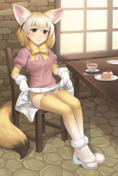 Rule 34 | 10s, 1girl, animal ears, black hair, blonde hair, blush, bow, breasts, brown eyes, cake, chair, clothes lift, cristalavi, cup, fennec (kemono friends), food, fox ears, fox tail, full body, garter straps, highres, indoors, kemono friends, lifting own clothes, looking at viewer, medium breasts, miniskirt, multicolored hair, panties, pantyshot, pink sweater, plate, puffy short sleeves, puffy sleeves, raccoon ears, raccoon tail, short hair, short sleeves, sitting, skirt, skirt lift, smile, solo, spoon, strawberry shortcake, streaked hair, sweater, table, tail, teacup, thighhighs, underwear, white hair, white skirt, window, yellow bow