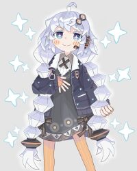 Rule 34 | 1girl, ahoge, black bow, black dress, black jacket, blue eyes, blush stickers, bow, braid, closed mouth, collared shirt, cross-shaped pupils, cross tie, dot nose, dress, dress bow, feet out of frame, fingerless gloves, gloves, grey background, hair ornament, hair over shoulder, hand in own hair, hand on own chest, headphones, highres, jacket, kizuna akari, lack7of7sleep4, long hair, looking at viewer, microphone, open clothes, open jacket, orange bow, orange gloves, orange pantyhose, pantyhose, ribbed shirt, shirt, short dress, smile, solo, sparkle, striped bow, striped clothes, striped gloves, striped pantyhose, symbol-shaped pupils, twin braids, two-tone bow, v-shaped eyebrows, vertical-striped clothes, vertical-striped gloves, vertical-striped pantyhose, very long hair, voiceroid, white hair, white shirt