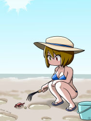 Rule 34 | 1girl, alternate breast size, alternate costume, beach, bikini, blue bikini, blue sky, breasts, brown hair, bucket, chibi, clam, clam digging, clear sky, cleavage, commentary request, crab, dated, day, flip-flops, full body, green eyes, grey footwear, hat, heterochromia, highres, holding rake, itini-sanshi, looking down, medium bangs, medium breasts, no mouth, ocean, outdoors, rake, red eyes, rozen maiden, sand, sandals, short hair, sky, solo, souseiseki, squatting, sun hat, swimsuit