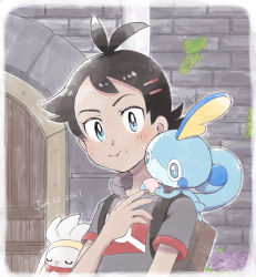 Rule 34 | 1boy, :t, antenna hair, backpack, bag, berry (pokemon), blue eyes, blush, brown bag, commentary, creatures (company), dated, eating, eyelashes, food, food on face, game freak, gen 8 pokemon, goh (pokemon), highres, leaf, looking at viewer, male focus, ni4k1, nintendo, on shoulder, pokemon, pokemon (anime), pokemon (creature), pokemon journeys, pokemon on shoulder, raboot, short sleeves, sobble