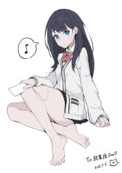 Rule 34 | 1girl, absurdres, barefoot, black hair, blue eyes, bow, bowtie, cardigan, cellphone, closed mouth, collared shirt, dated, earphones, feet, full body, gridman universe, highres, huge filesize, lan mao akko, long hair, long sleeves, looking at viewer, miniskirt, musical note, phone, pleated skirt, red bow, red bowtie, school uniform, shirt, signature, simple background, skirt, smartphone, soles, solo, spoken musical note, ssss.gridman, takarada rikka, toes, white background, white cardigan, wing collar