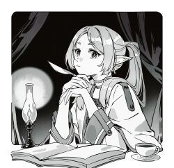 Rule 34 | 1girl, :|, book, border, capelet, closed mouth, commentary request, cup, curtains, elf, expressionless, forehead, frieren, greyscale, half updo, hands up, hatching (texture), holding, holding quill, indoors, lamp, linear hatching, long hair, long sleeves, looking at viewer, monochrome, open book, outside border, own hands together, parted bangs, pointy ears, ponytail, quill, saucer, sleeve cuffs, solo, sousou no frieren, teacup, thick eyebrows, twintails, upper body, xiang wan wei wan