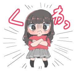 Rule 34 | 1girl, :&lt;, angry, black socks, blush, brown hair, character request, check character, chibi, commentary request, crossed arms, full body, grey skirt, highres, kashikaze, kneehighs, komiya arisa, kurosawa dia, long hair, looking at viewer, love live!, love live! sunshine!!, pleated skirt, real life, red shirt, shirt, short sleeves, simple background, skirt, socks, solo, translation request, transparent background, voice actor, voice actor connection, wavy mouth