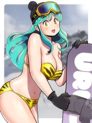 1girl animal_print bikini breasts cleavage gloves goggles green_hair highres horns kenken28937178 large_breasts long_hair looking_at_viewer oni open_mouth smile snowboard solo swimsuit tiger_print urusei_yatsura yellow_eyes