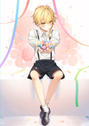 Rule 34 | 1boy, arms up, black footwear, black shorts, blonde hair, blush, bow, braid, candy, closed mouth, collar, collared shirt, floral background, flower, food, gender request, genderswap, hair between eyes, hair bow, hands up, jill 07km, kirisame marisa, long sleeves, looking at viewer, no headwear, pink flower, pink rose, puffy long sleeves, puffy sleeves, rose, shirt, shoes, short hair, shorts, single braid, sitting, socks, solo, tape, touhou, white bow, white shirt, white sleeves, white socks, yellow eyes