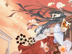 Rule 34 | 1girl, black hair, breasts, bug, butterfly, flat chest, flower, bug, japanese clothes, long hair, mask, medium breasts, miko, open clothes, open shirt, origami, original, paper crane, pinwheel, shirt, sideboob, solo, sunset, torii, twintails, yuuki (irodo rhythm)