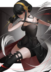 Rule 34 | 1girl, absurdres, black dress, black footwear, black hair, blood, blood on face, blood splatter, boots, breasts, covered navel, dagger, dress, earrings, gold hairband, golden rose, hairband, highres, holding, holding dagger, holding knife, holding weapon, jewelry, knife, looking at viewer, medium breasts, mooouluren, motion lines, red eyes, short dress, short hair with long locks, sleeveless, sleeveless dress, solo, spy x family, stiletto (weapon), thigh boots, thighs, twisted torso, weapon, yor briar