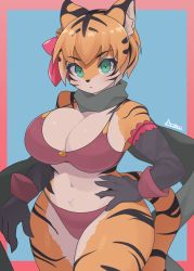 Rule 34 | 1girl, animal ears, black gloves, black hair, blush, bra, breasts, closed mouth, elbow gloves, expressionless, furry, furry female, gloves, green eyes, highres, large breasts, looking at viewer, multicolored hair, orange hair, original, panties, red bra, red panties, ryuusui arumo, short hair, solo, tail, tiger ears, tiger girl, tiger tail, underwear