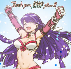 Rule 34 | 1girl, aoba (smartbeat), arms up, bare shoulders, bikini, breasts, choker, cleavage, closed eyes, collarbone, confetti, cross, cross choker, elbow gloves, fate/grand order, fate (series), gauntlets, gloves, large breasts, long hair, martha (fate), martha (swimsuit ruler) (fate), martha (swimsuit ruler) (third ascension) (fate), navel, open mouth, purple hair, red gloves, smile, solo, swimsuit, white bikini