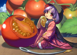 Rule 34 | 1girl, bowl, bowl hat, commentary request, hat, japanese clothes, kimono, leaf, mini person, minigirl, needle, purple hair, red eyes, seiza, short hair, sitting, solo, sukuna shinmyoumaru, syope, tomato, tongue, tongue out, touhou, wide sleeves