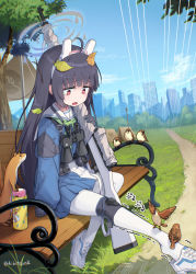 Rule 34 | 1girl, animal ears, bench, binoculars, bird, black hair, blue archive, blue footwear, blue skirt, blush, bow, bowtie, dirty, dirty clothes, fake animal ears, green bow, green bowtie, gun, halo, hibi tsuna, highres, holding, holding gun, holding weapon, knee pads, leaf, leaf on head, long hair, looking at viewer, miyu (blue archive), pantyhose, pleated skirt, rabbit ears, red eyes, rifle, sailor collar, scope, shoe print, shoes, simple background, single knee pad, sitting, skirt, sneakers, solo, strap, two-tone footwear, uniform, weapon, white background, white footwear, white pantyhose, white sailor collar