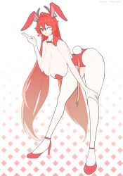 Rule 34 | 1girl, animal ears, bent over, bow, bowtie, breasts, goddess of victory: nikke, high heels, highres, huge breasts, leotard, long hair, one eye closed, playboy bunny, rabbit ears, rabbit tail, red eyes, red hair, red hood (nikke), solo, tail, white background, yoonsun
