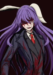 Rule 34 | absurdres, animal ears, black background, bleeding, blood, blood on clothes, blood on face, collared shirt, dress shirt, hair between eyes, highres, jacket, long hair, looking at viewer, necktie, one eye closed, open mouth, purple hair, rabbit ears, rabbit girl, red eyes, red necktie, reisen udongein inaba, shirt, simple background, touhou, very long hair, weedhollow (dokuran), white shirt