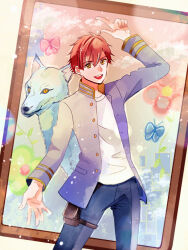 Rule 34 | 1boy, :d, arm up, highres, long sleeves, looking at viewer, male focus, open mouth, opus.colors, painting (object), pants, pouch, red hair, school uniform, shirt, short hair, smile, standing, thigh pouch, thigh strap, watakko, white shirt, wolf, yamanashi kazuya, yellow eyes