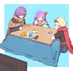 Rule 34 | 2boys, 2girls, auram (yu-gi-oh!), bare shoulders, beckoned by the world chalice, blonde hair, brother and sister, chosen by the world chalice, closed eyes, controller, crossed legs, crowned by the world chalice, duel monster, ei (tdnei666), fairy, food, fruit, goggles, goggles around neck, goggles on head, headband, highres, ib (yu-gi-oh!), kotatsu, lee the world chalice fairy, long hair, mandarin orange, multiple boys, multiple girls, ningirsu (yu-gi-oh!), open mouth, peeling, petting, remote control, scarf, shirt, short hair, siblings, sitting, smile, table, television, world chalice guardragon, yu-gi-oh!