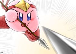 Rule 34 | 1boy, 1other, action, action lines, angry, artist name, blue eyes, blush, colored skin, copy ability, fighting, head out of frame, headband, highres, holding, holding polearm, holding spear, holding weapon, kirby, kirby (series), kuromura gin, male focus, motion blur, nintendo, no humans, open mouth, pink skin, polearm, simple background, spear, weapon, white background