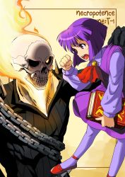 Rule 34 | 1boy, 1girl, :o, alice (asura blade), angry, ascot, asura blade, bob cut, book, carrying, chain, crossover, dress, fire, ghost rider, height, height difference, highres, marvel, no~ma, open mouth, pantyhose, purple dress, purple eyes, purple hair, purple pantyhose, purple skirt, shoes, short hair, size difference, skirt, skull, yellow background
