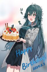 Rule 34 | 1girl, absurdres, antenna hair, birthday, birthday cake, black shirt, black skirt, blurry, blurry background, blush, cake, coat, commentary request, dated, drooling, food, gakuen idolmaster, green eyes, green hair, grey coat, hair between eyes, happy birthday, highres, holding, holding food, holding plate, idolmaster, long hair, looking at food, maanu, mouth drool, open clothes, open coat, open mouth, plaid, plaid coat, plate, shirt, skirt, solo, solo focus, spoon, sweat, trembling, tsukimura temari