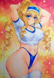 Rule 34 | 1girl, alternate hairstyle, arms behind head, blonde hair, blue eyes, bow, breasts, cecilia alcott, cleavage, drill hair, hair bow, highres, infinite stratos, large breasts, legs, long hair, looking at viewer, midriff, navel, ponytail, shirt, smile, solo, sportswear, thick thighs, thighs, thong, traditional media, very long hair