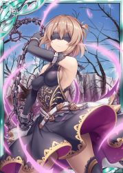 Rule 34 | 1girl, akkijin, armpits, ass, aura, bare shoulders, bare tree, belt, black dress, black gloves, blindfold, breasts, brown hair, card (medium), chain, dress, forest, gloves, medium breasts, nature, official art, outdoors, shinkai no valkyrie, short hair, thighhighs, tree, weapon
