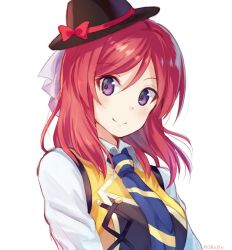 Rule 34 | 10s, 1girl, arms at sides, artist name, blue necktie, closed mouth, collared shirt, fedora, hat, looking at viewer, love live!, love live! school idol festival, love live! school idol project, necktie, nishikino maki, nonono (nononotea), purple eyes, red hair, shirt, simple background, smile, solo, striped necktie, striped neckwear, upper body, wavy hair, white background