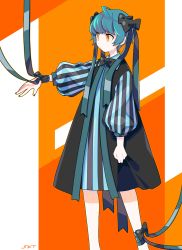 Rule 34 | 1girl, bad id, bad pixiv id, bow, closed mouth, commentary request, feet out of frame, green hair, hair bow, hand up, orange eyes, original, ribbon, sekito, short hair, solo, standing