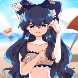 Rule 34 | 2girls, arms up, bad id, bad twitter id, bandeau, bare arms, bare shoulders, beach, beach umbrella, bikini, blue bow, blue eyes, blue hair, blue sky, blurry, blurry background, bow, cloud, collarbone, commentary, confetti, day, debt, drill hair, grey bikini, hair between eyes, hair bow, hand up, highres, light particles, long hair, looking at viewer, mindoll, multiple girls, navel, no headwear, ocean, open mouth, orange hair, outdoors, purple bikini, shadow, siblings, sidelocks, sisters, sky, stomach, strapless, strapless bikini, sunglasses, swimsuit, touhou, twin drills, twintails, umbrella, upper body, very long hair, yorigami jo&#039;on, yorigami shion