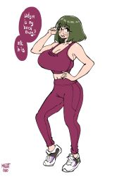 Rule 34 | 1girl, adjusting eyewear, breasts, cleavage, commentary, crosshair pupils, english commentary, english text, full body, glasses, green hair, hand on own hip, highres, huge breasts, midriff, navel, norman maggot, original, pants, product placement, purple pants, purple sports bra, shoes, short hair, sneakers, solo, sports bra, standing, sweatdrop, tiptoes, white background, yoga pants