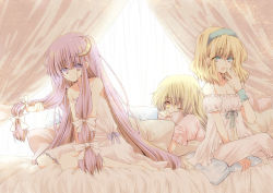 Rule 34 | 3girls, alice margatroid, bed, bed sheet, blonde hair, blue eyes, bow, colored eyelashes, crescent, crescent moon, curtains, eyelashes, female focus, hair bow, hair ornament, hairband, kirisame marisa, kokono coco, long hair, moon, multiple girls, nightgown, one eye closed, patchouli knowledge, pillow, purple eyes, purple hair, short hair, sitting, sleepy, strap slip, touhou, v arms, wariza, wink, wrist cuffs, yawning, yellow eyes