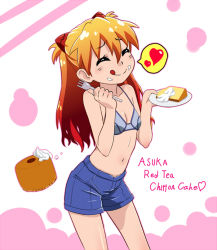 Rule 34 | 1girl, :q, bikini, bikini top only, bra, cake, character name, eating, english text, food, fork, hair ornament, heart, holding, holding fork, long hair, neon genesis evangelion, oku (okumen), pastry, plate, red hair, shorts, smile, solo, souryuu asuka langley, swimsuit, tongue, tongue out, underwear