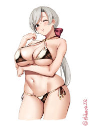 Rule 34 | 1girl, arm under breasts, bikini, black bikini, blush, bow, breasts, chitose (kancolle), cleavage, collarbone, ebifurya, gold bikini, grey eyes, grey hair, highres, kantai collection, large breasts, long hair, navel, panties, parted lips, ponytail, red bow, side-tie panties, smile, solo, swimsuit, thighs, twitter username, underwear, white background, wide hips