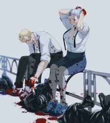 Rule 34 | 1boy, 1girl, adjusting hair, arms behind head, arms up, bent over, black necktie, black pants, blonde hair, blood, blood in hair, blood on clothes, blood on face, blood on ground, blood on hands, blood on leg, blood splatter, blue footwear, blue skirt, blurry, breasts, cleavage, collared shirt, depth of field, dorohedoro, dress shirt, earrings, formal, glasses, grey hair, grey pantyhose, hair bun, jewelry, ki (mxxxx), large breasts, long sleeves, looking at viewer, looking down, miniskirt, necktie, noi (dorohedoro), on railing, pants, pantyhose, pencil skirt, railing, red eyes, shin (dorohedoro), shirt, shoes, short hair, simple background, single hair bun, sitting, skirt, sleeves rolled up, sneakers, stitched arm, stitches, suit, trash bag, tying footwear, untied, updo, white shirt