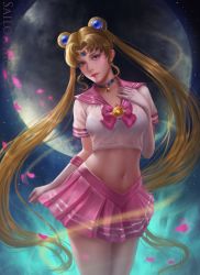 Rule 34 | 1girl, absurdres, alternate costume, bishoujo senshi sailor moon, blonde hair, blue eyes, bra, breasts, character name, chunhwei lee, cowboy shot, crescent choker, crop top, double bun, full moon, gloves, highres, lips, long hair, looking at viewer, medium breasts, midriff, miniskirt, moon, navel, night, night sky, nose, outdoors, petals, pink lips, pink sailor collar, pleated skirt, realistic, sailor collar, sailor moon, sailor senshi, sailor senshi uniform, see-through, short sleeves, skirt, skirt hold, sky, solo, tsukino usagi, twintails, underwear, very long hair, white gloves