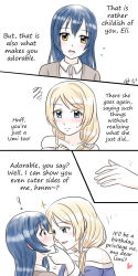 Rule 34 | 10s, 2girls, alternate hairstyle, athyra, ayase eli, blonde hair, blue eyes, blue hair, blush, comic, dated, english text, flying sweatdrops, hand on another&#039;s chin, highres, long hair, love live!, love live! school idol project, multiple girls, scrunchie, signature, sonoda umi, sweatdrop, yellow eyes, yuri