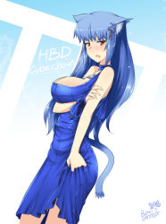 Rule 34 | 1girl, animal ears, blue dress, blue hair, blush, breasts, butter-t, cat ears, cat tail, choker, clothes lift, dress, dress lift, dutch angle, hair ornament, long hair, looking at viewer, orange eyes, original, solo, tail
