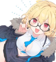 Rule 34 | 1girl, :d, ahoge, between breasts, blonde hair, blue archive, blush, braid, breasts, fur-trimmed jacket, fur trim, halo, highres, index finger raised, jacket, kotori (blue archive), large breasts, long sleeves, looking at viewer, moita 3, navel, necktie, necktie between breasts, open clothes, open mouth, red eyes, simple background, skirt, smile, solo, teardrop-framed glasses, yellow halo